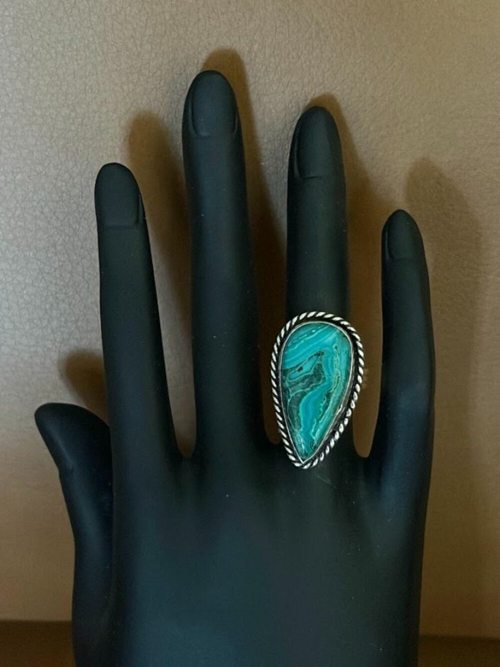 Chrysocolla Teardrop Stone Statement Ring 925 Silver Plated - Size 7 - Picture 3 of 4